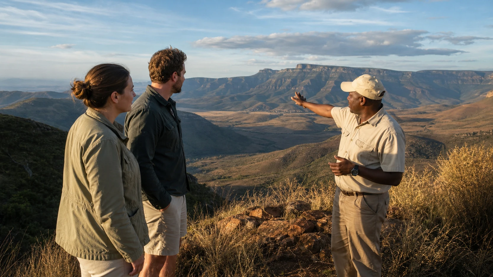 Reizigers met een lokale gids bij een uitgestrekt landschap in zuidelijk Afrika